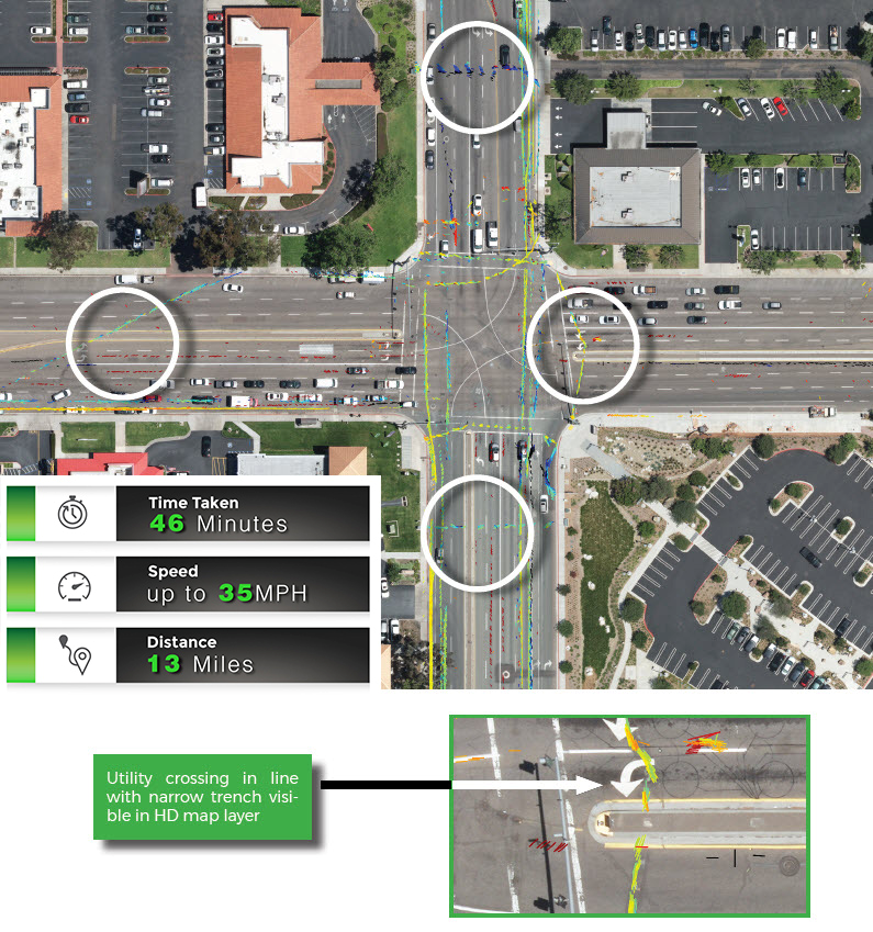 Green caption: Utility crossing in line with narrow trench visible in HD map layer. 